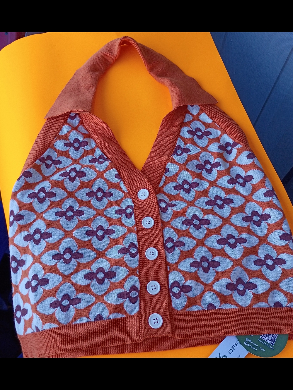 NWT OXKnit 1960s Retro Floral Knit Halter Top Orange Size S